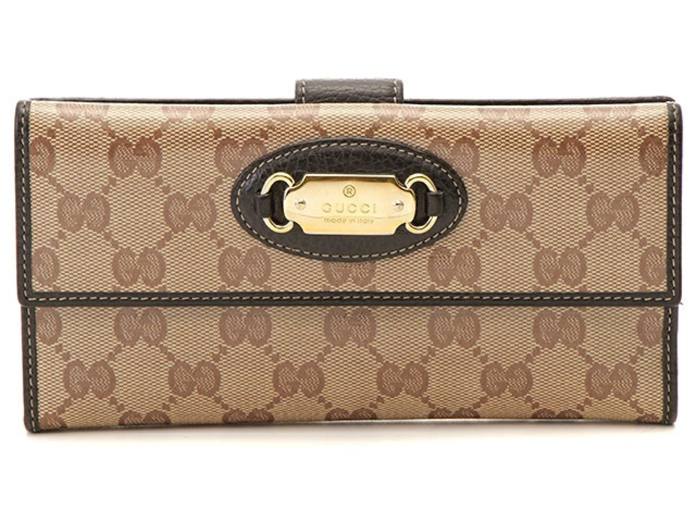Gucci GG Crystal W Snap Long Wallet Beige Cream Dark Brown
